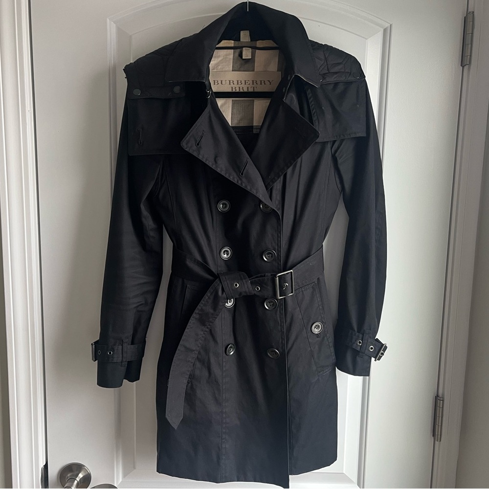 Burberry Trench Rain Coat Black Belted Jacket with Removable Liner & Hood Size 4 - Picture 2 of 16